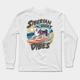 Surfing Siberian Husky Conquering Tropical Swell Long Sleeve T-Shirt